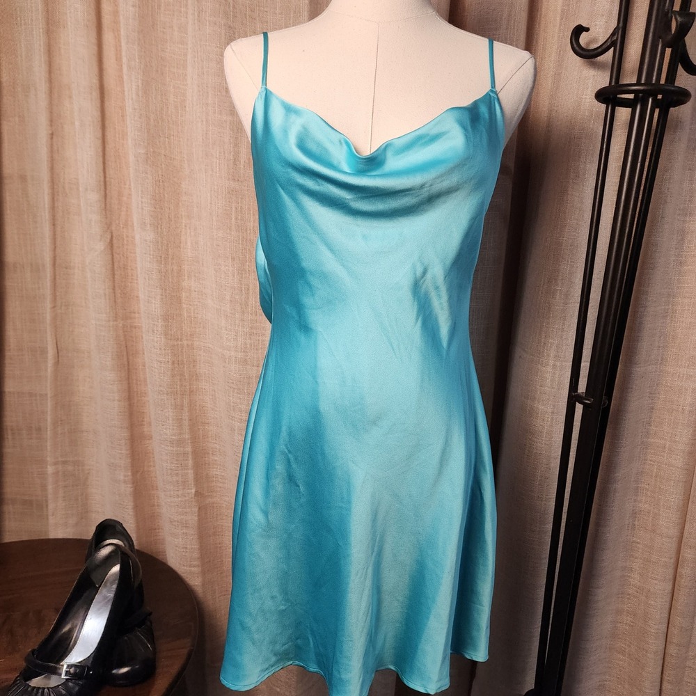Victoria's Secret Aquarius Blue Satin Faux Pearl Back Slip Dress XS